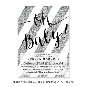 "Stella" Silver Glitter Stripe Baby Shower Invitation