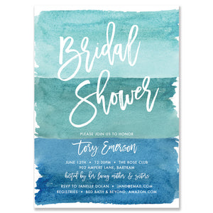 Turquoise Watercolor Bridal Shower Invitation featuring modern beach and blue ombre design, ideal for a beach wedding shower.