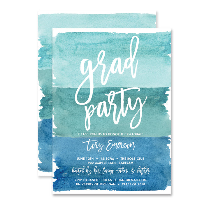 "Tory" Turquoise Blue Watercolor Graduation Invitation