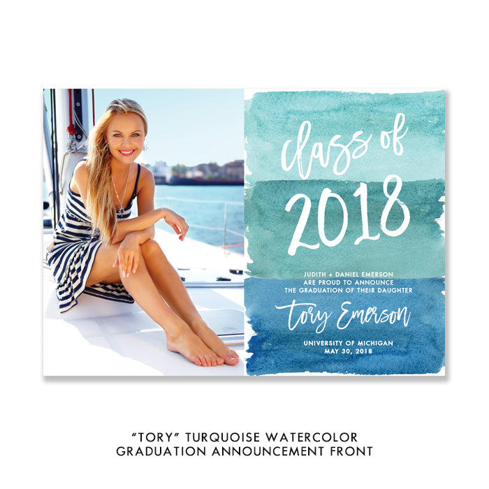 "Tory" Turquoise Watercolor Graduation Announcement
