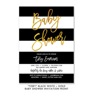 "Tory" Black White & Gold Baby Shower Invitation
