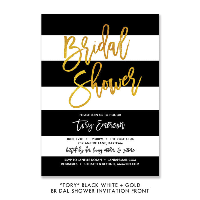 Chic Black White and Gold Bridal Shower Invitations, featuring a gold glitter look and black and white stripes.