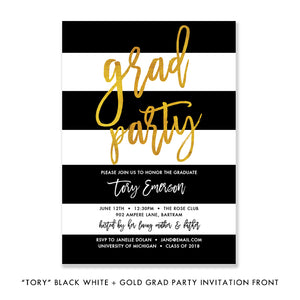 "Tory" Black White Stripes Gold Foil Graduation Invitation