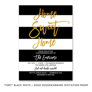 "Tory" Black White & Gold Housewarming Party Invitation