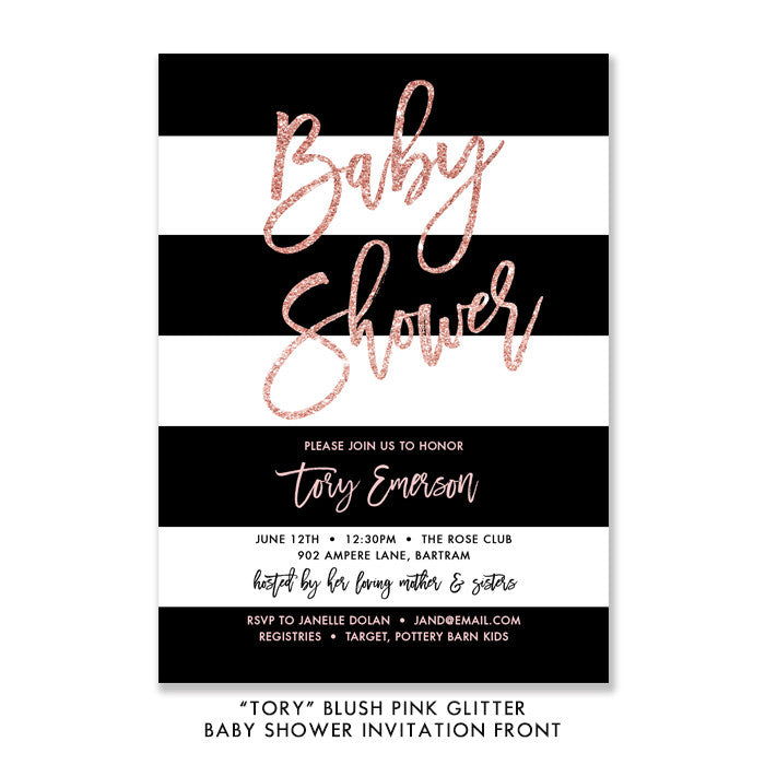"Tory" Blush Pink Glitter Baby Shower Invitation