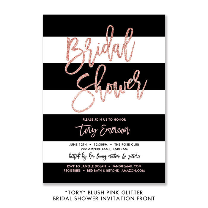 Glam Blush Pink Bridal Shower Invitation featuring a chic glitter look and elegant black and white stripes.