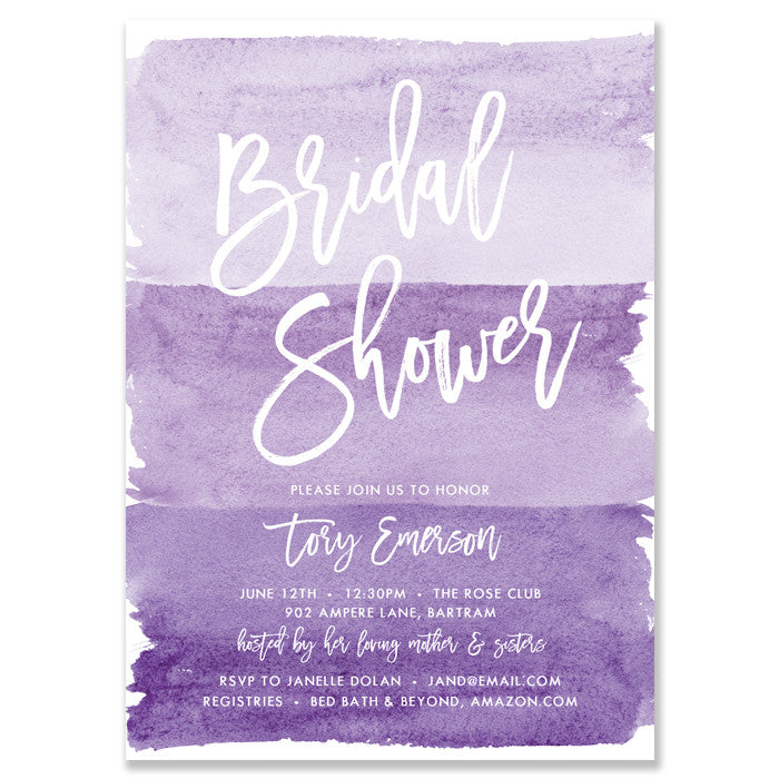 Ombre Purple Bridal Shower Invitations featuring lavender to dusty purple hues, ideal for unique, fun wedding showers.