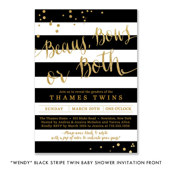 "Wendy" Black Stripe Twin Baby Shower Invitation