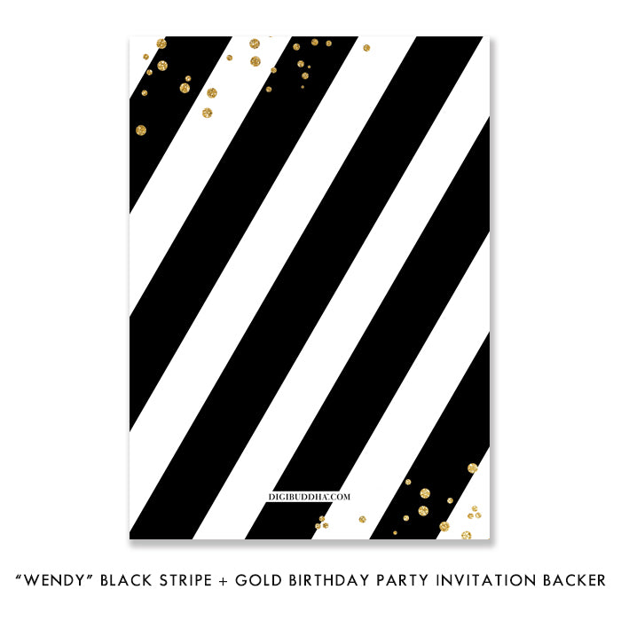 "Wendy" Black Stripe + Gold Birthday Party Invitation