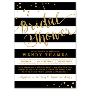 Elegant black white and gold dots bridal shower invitation with a modern design with black & white stripes and gold shimmer.