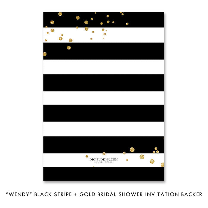 Elegant black white and gold dots bridal shower invitation with a modern design with black & white stripes and gold shimmer.