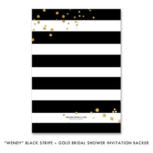 Elegant black rose and gold dots bridal shower invitations with chic gold and black and white striped designs.