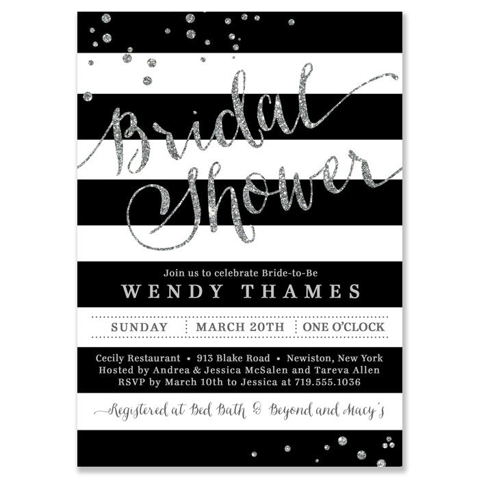 Elegant Classic Black and Silver Bridal Shower Invitation with a shimmer look, silver dots, and black and white stripes.