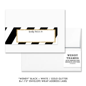 Black + White with gold glitter "Wendy" envelope wrap address label | digibuddha.com