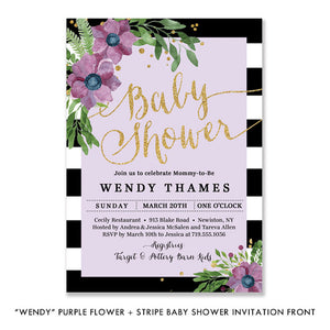 "Wendy" Purple Flower + Stripe Baby Shower Invitation