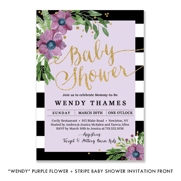 "Wendy" Purple Flower + Stripe Baby Shower Invitation