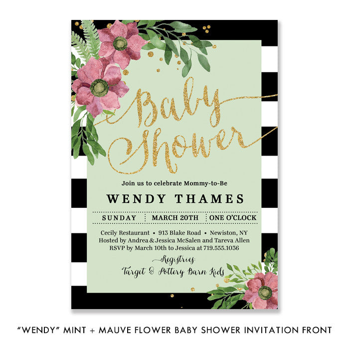 "Wendy" Mint + Mauve Flower Baby Shower Invitation