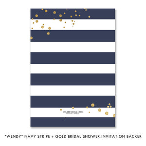 Elegant navy and gold bridal shower invitations with navy stripes adorned with shimmering gold dots and a glam gold font. 