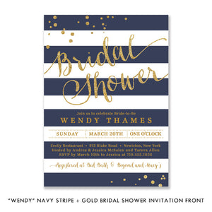 Elegant navy and gold bridal shower invitations with navy stripes adorned with shimmering gold dots and a glam gold font. 