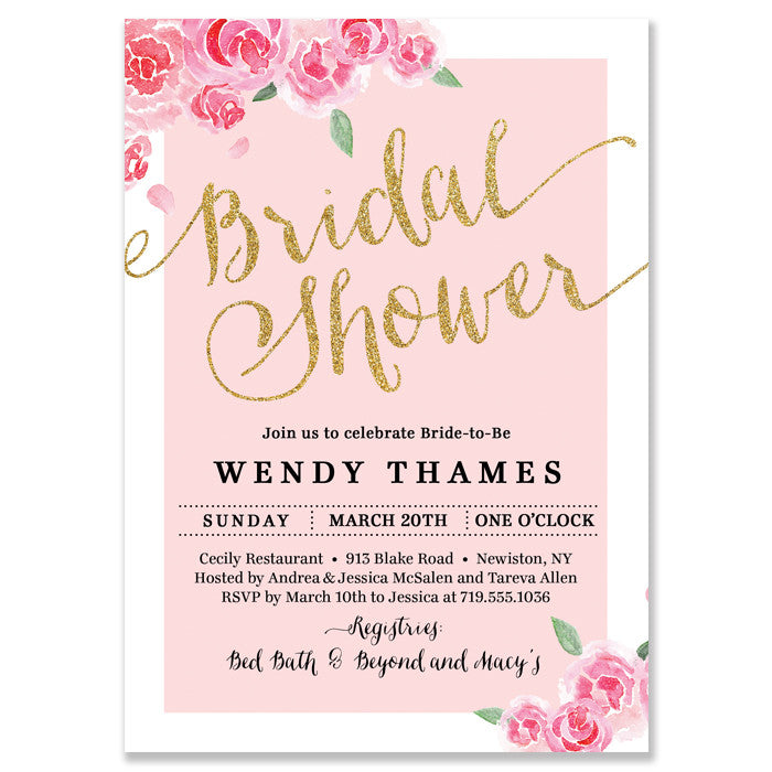 Elegant Gold and Pink Roses Bridal Shower Invitation with chic floral design and bold black and gold fonts.