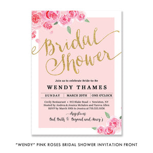 Elegant Gold and Pink Roses Bridal Shower Invitation with chic floral design and bold black and gold fonts.