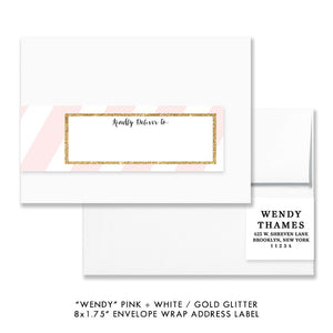 Pink stripe + gold glitter "Wendy" envelope wrap address label | digibuddha.com