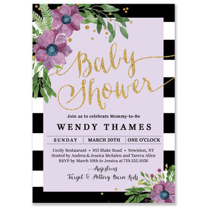 "Wendy" Purple Flower + Stripe Baby Shower Invitation