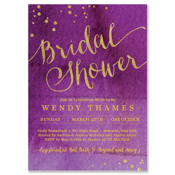 Elegant ombre purple and gold bridal shower invitations with a modern lavender hue and bold gold typography.