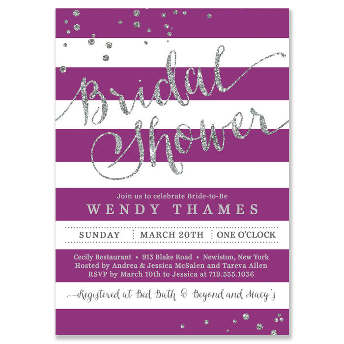 Chic Silver Dots and Purple Stripes Bridal Shower Invitation with bold silver font and glamorous design.