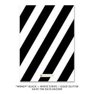 Black + white stripes with gold glitter sprinkles "Wendy" Save the Date backer | digibuddha.com