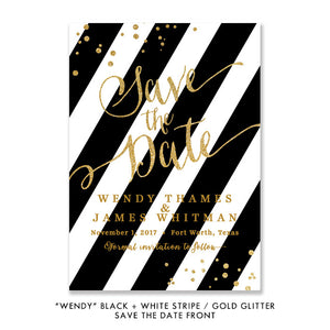 Black + white stripes with gold glitter confetti "Wendy" Save the Date | digibuddha.com