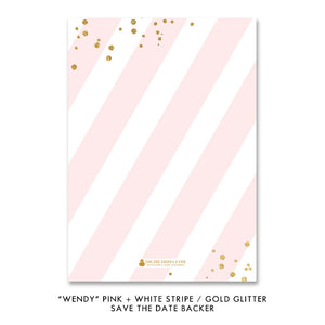 Pink stripe + gold glitter confetti sprinkles "Wendy" Save the Date card backer | digibuddha.com