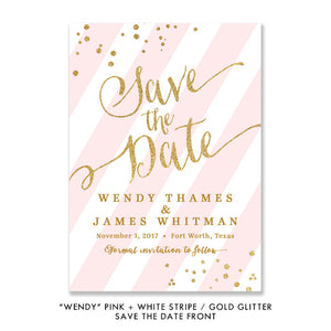 Pink stripe + gold glitter confetti sprinkles "Wendy" Save the Date card | digibuddha.com