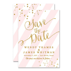 Pink stripe + gold glitter confetti sprinkles "Wendy" Save the Date card | digibuddha.com